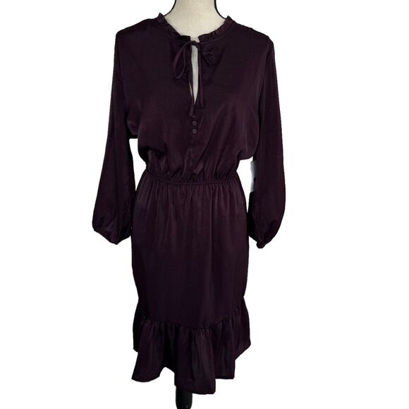 Black Tape SZ X A-Line Dress 3/4 Balloon Sleeves Ruffled Keyhole Neck Purple New - Picture 1 of 9